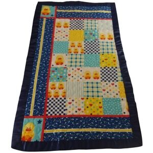 Handmade Baby Quilt Duck Patchwork Blanket Satin Trim Play Mat Blue Yellow 45x28